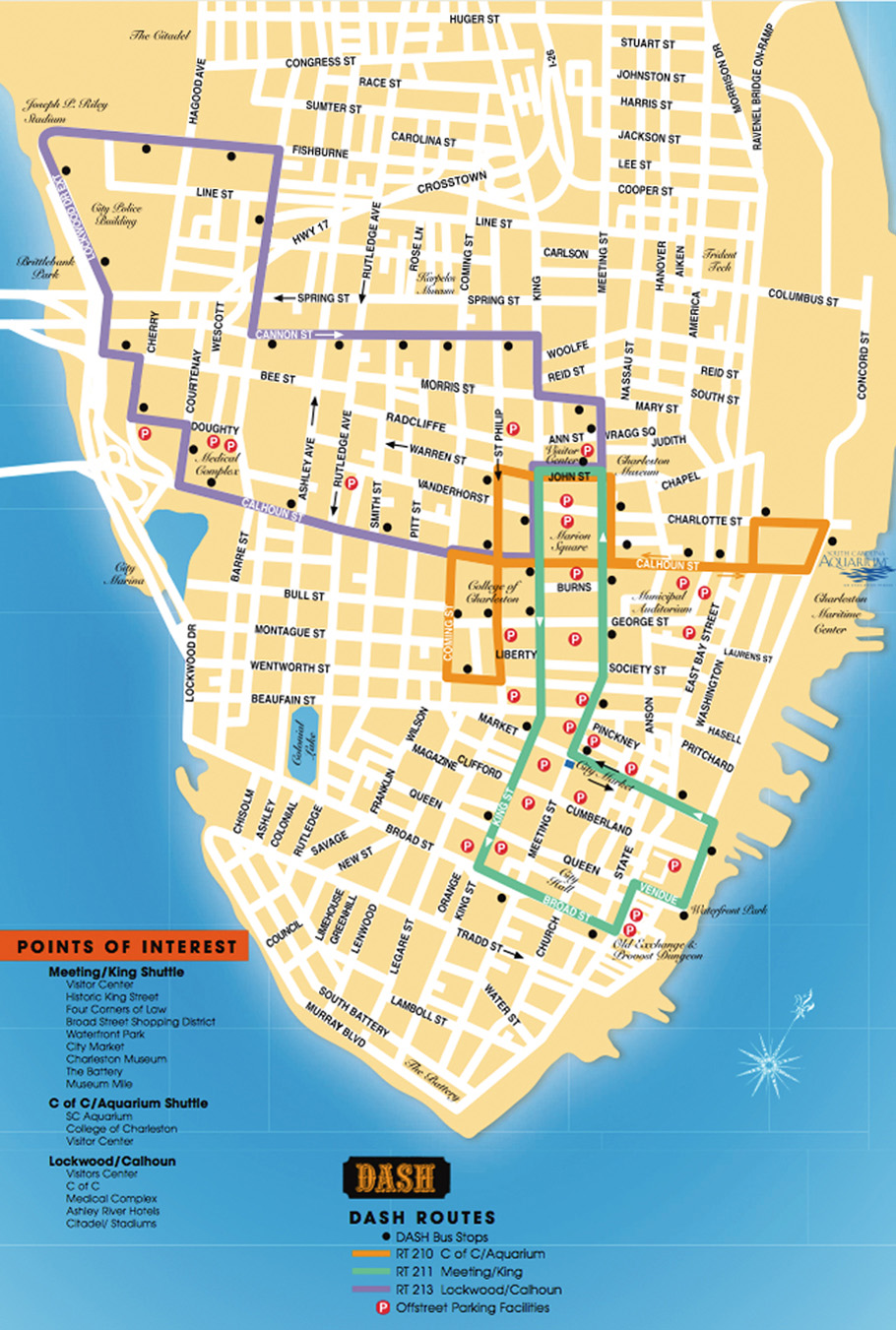 Detailed map of the Charleston DASH Trolley routes. 